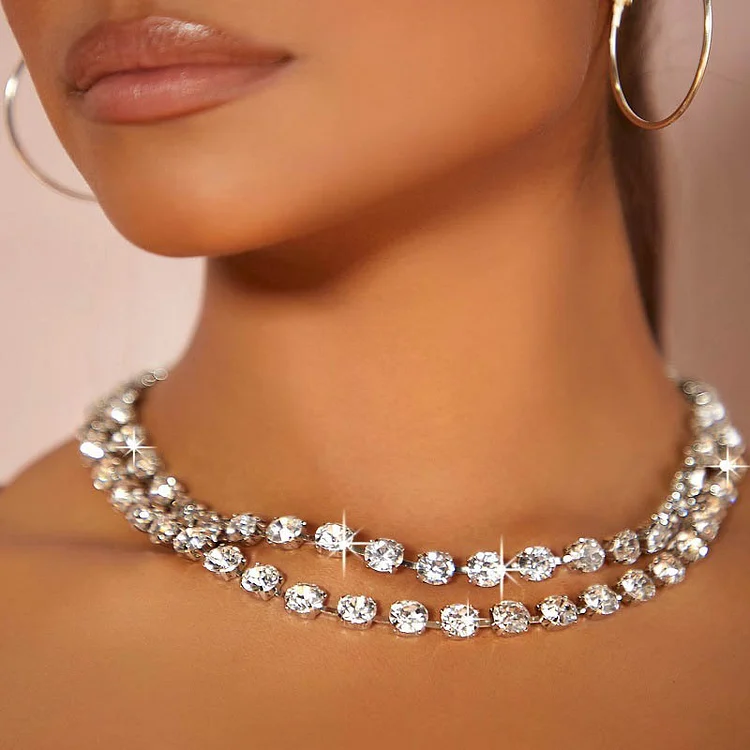 Banquet Stitching Round Bead Shiny Rhinestone Double Layer Necklaces