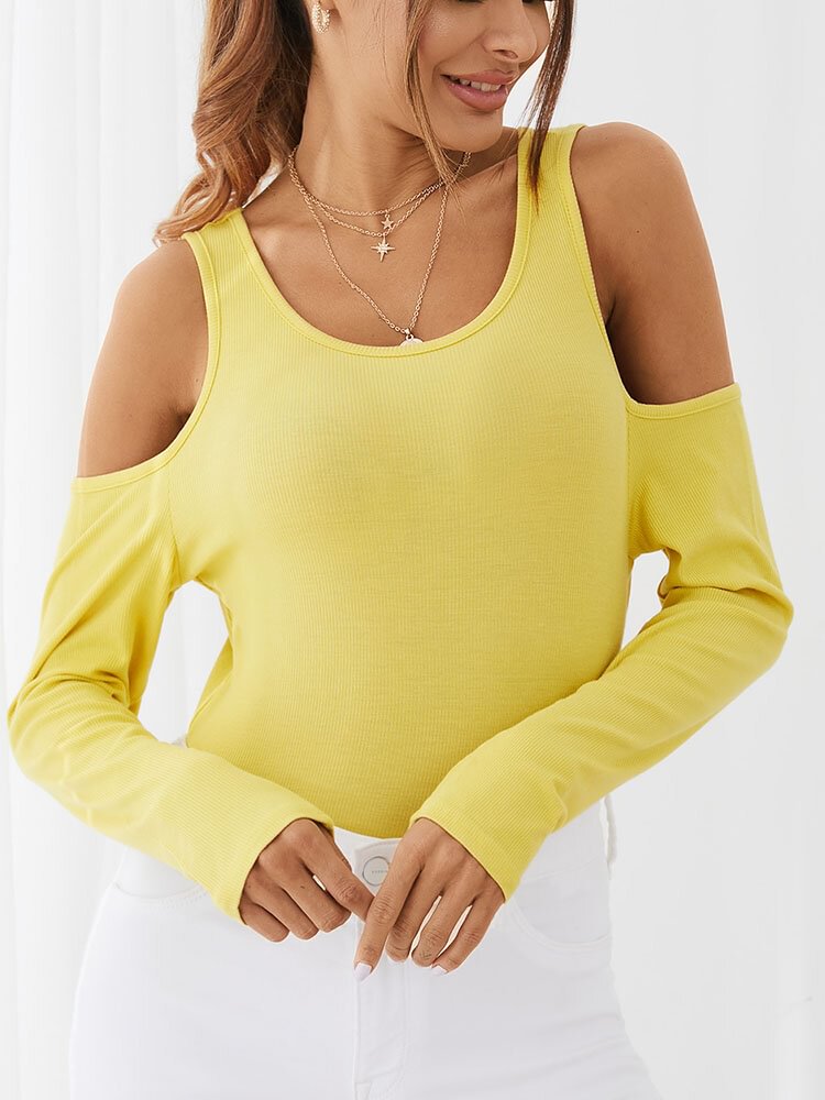 Solid Color Off Shoulder Long Sleeve Casual T Shirt For Women P1790906