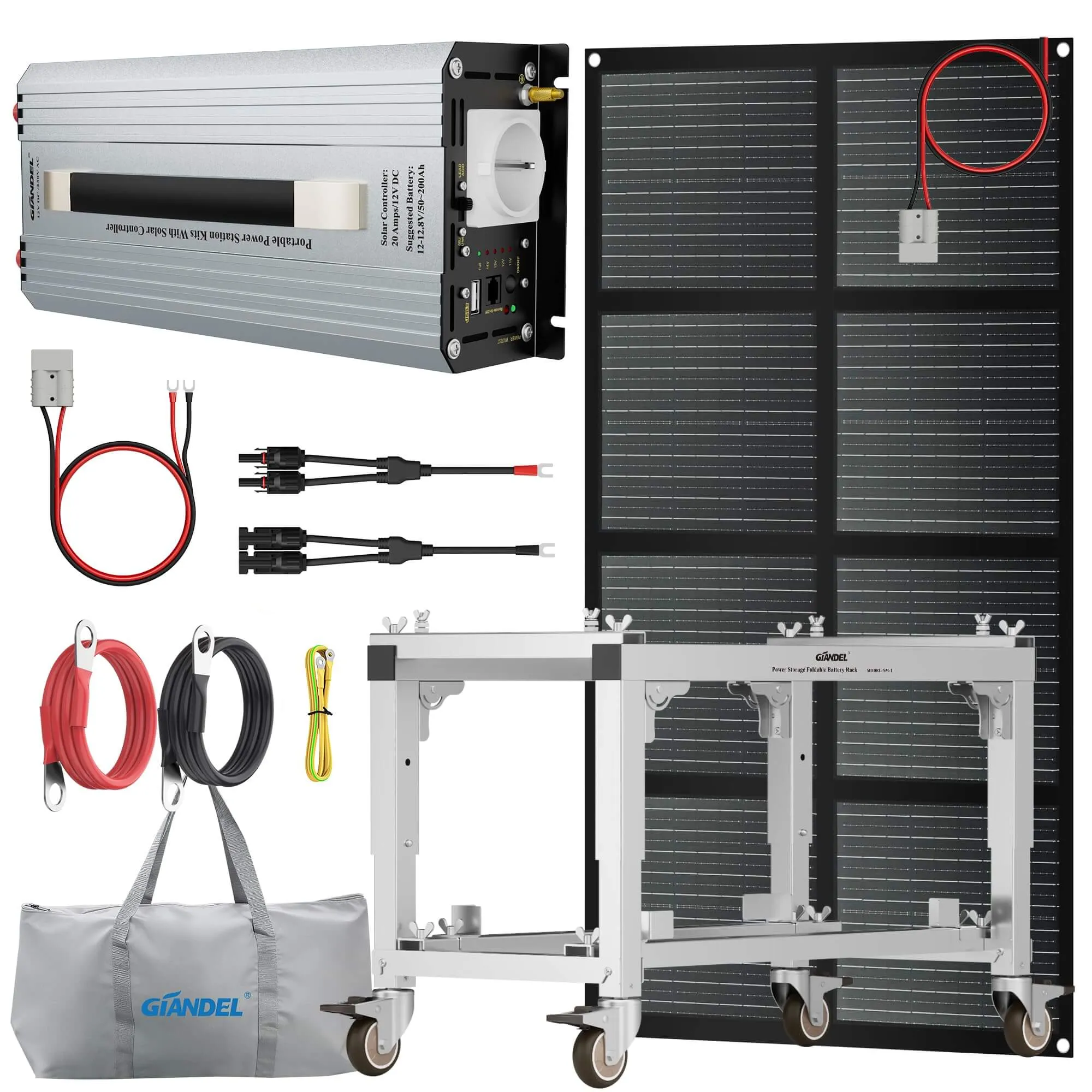 All-in-One-Solar-DIY-Set 1200W 12V tragbare Solarstromsystem-Kits, Off-Grid-Wechselrichtersystem-Kits: Faltbares Batteriegestell + 1200 W Reiner Sinus-Wechselrichter + 150W Solarpanel + Aufbewahrungstasche