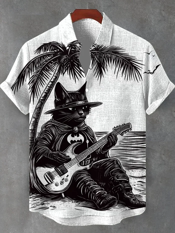 Men's Under A Palm Tree By The Sea Black Cat Plays Guitar Print Short Sleeve Shirt