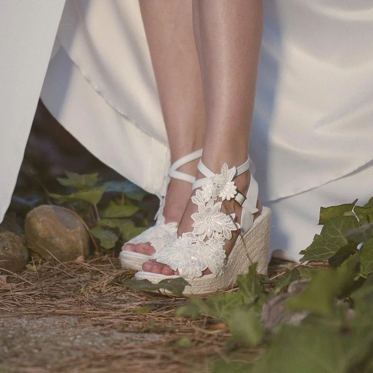 Ivory Lace Floral Bridal Shoes Peep Toe Espadrille Wedge Sandals |FSJ Shoes
