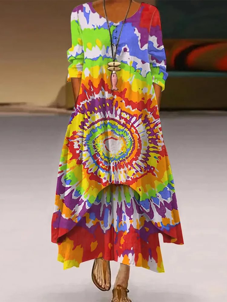 Tie Dye Printed Crew Neck Casual Long Dress P168362930