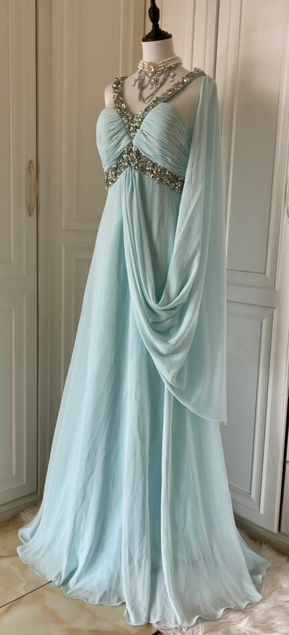 white christmas dresses Simple A-line Dusty Blue Chiffon Halter Long Custom Bridesmaid Dresses ,  BN1276