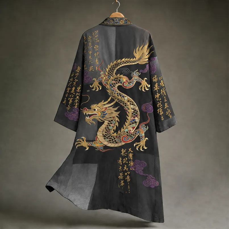 Men's Vintage Japanese Calligraphy Dragon Art Pattern Linen Blend Kimono artswardrobe