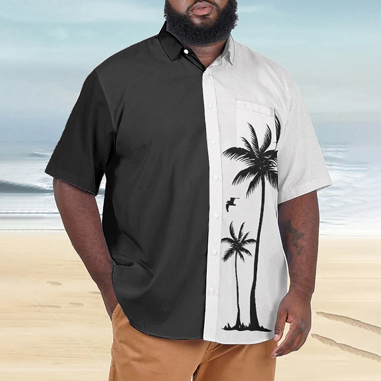 Broswear Plus Size Men's Coconut Tree Color Contrast Stripes Print Walking Short Sleeve Shirt