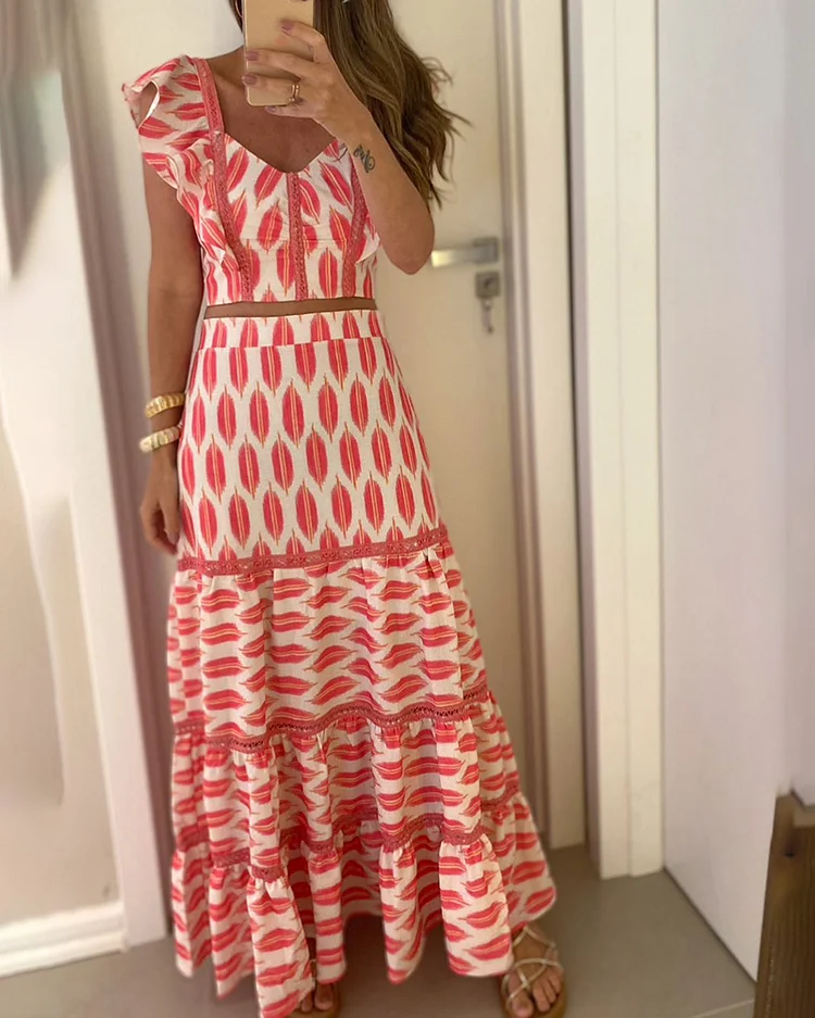Off-Shoulder Casual Print Long Skirt Set