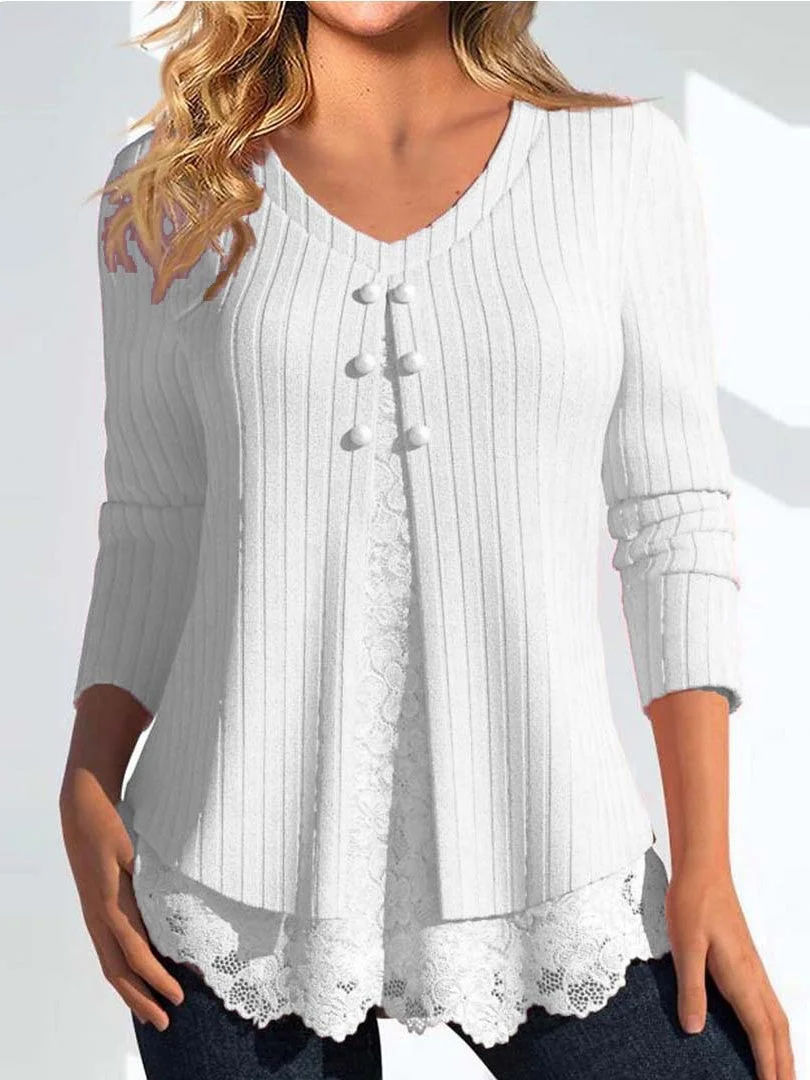 Women Long Sleeve V-neck Solid Button Lace Tops