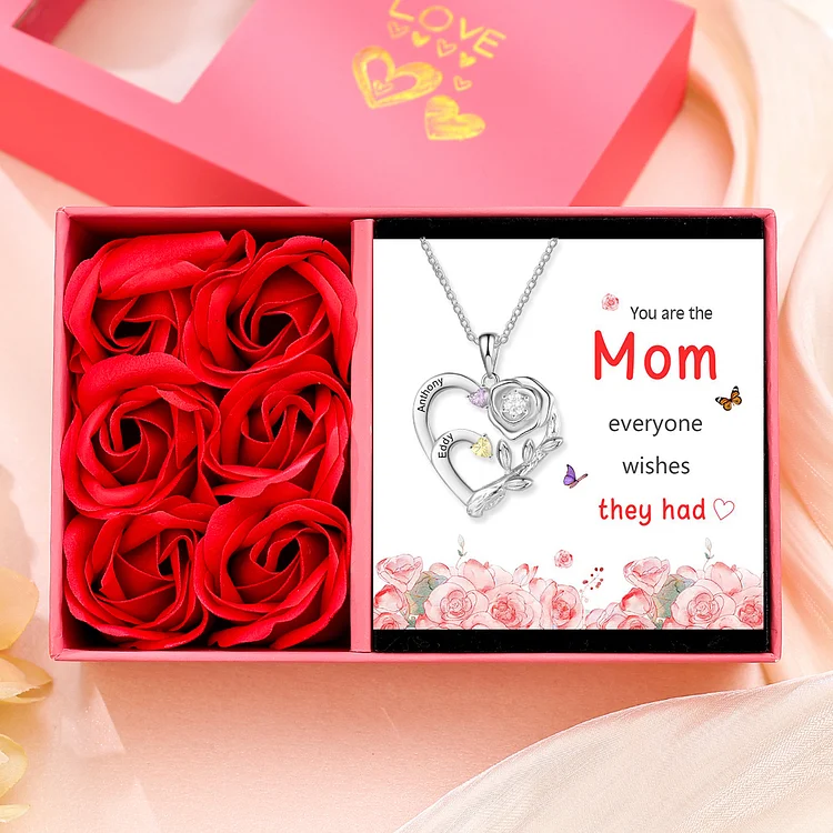 Personalized Mother Rose Necklace 2 Stones Engraved 2 Names Birthstone Intertwined Heart Pendant for Mom