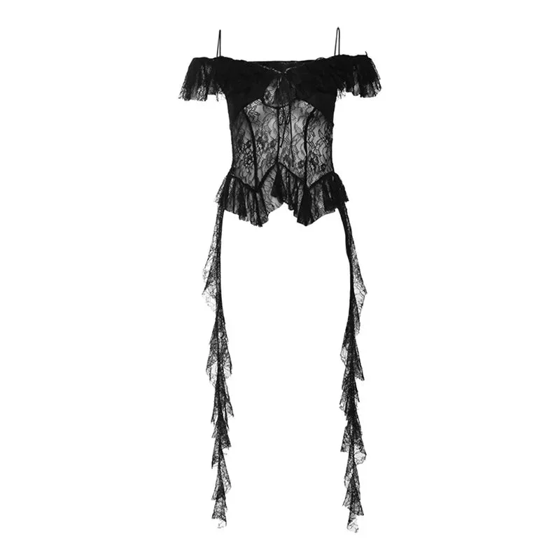 Tlbang Y2k Aesthetic Lace Irregular Tops Vintage Harajuku Hollow Out Black T Shirt Streetwear See Through Shirt Fairy Bandage Tees