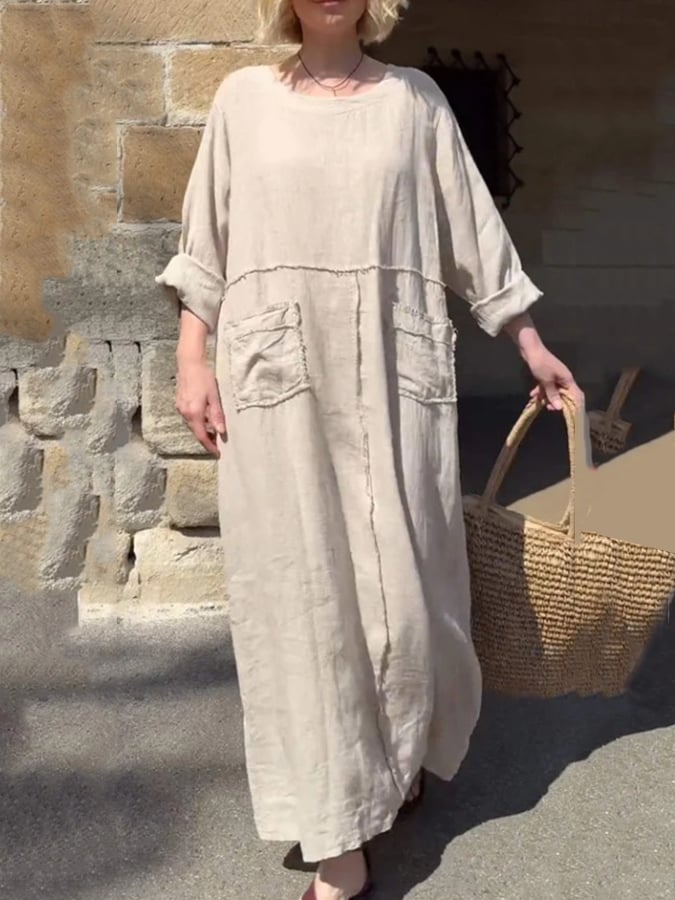 Women's Casual Loose Round Neck Long Sleeve Cotton And Linen Dress