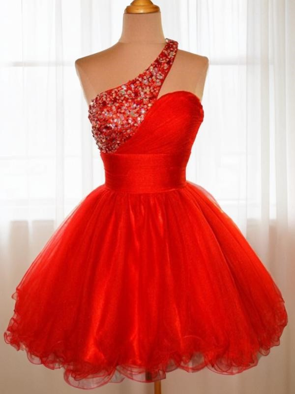 Lussooy Charming One Shoulder Red Beaded Bud Short Mini Homecoming Dress