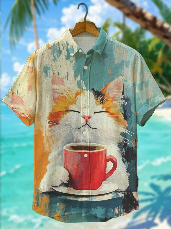 Men's Cat Drinking Coffee Oil Painting Print Short Sleeve Shirt