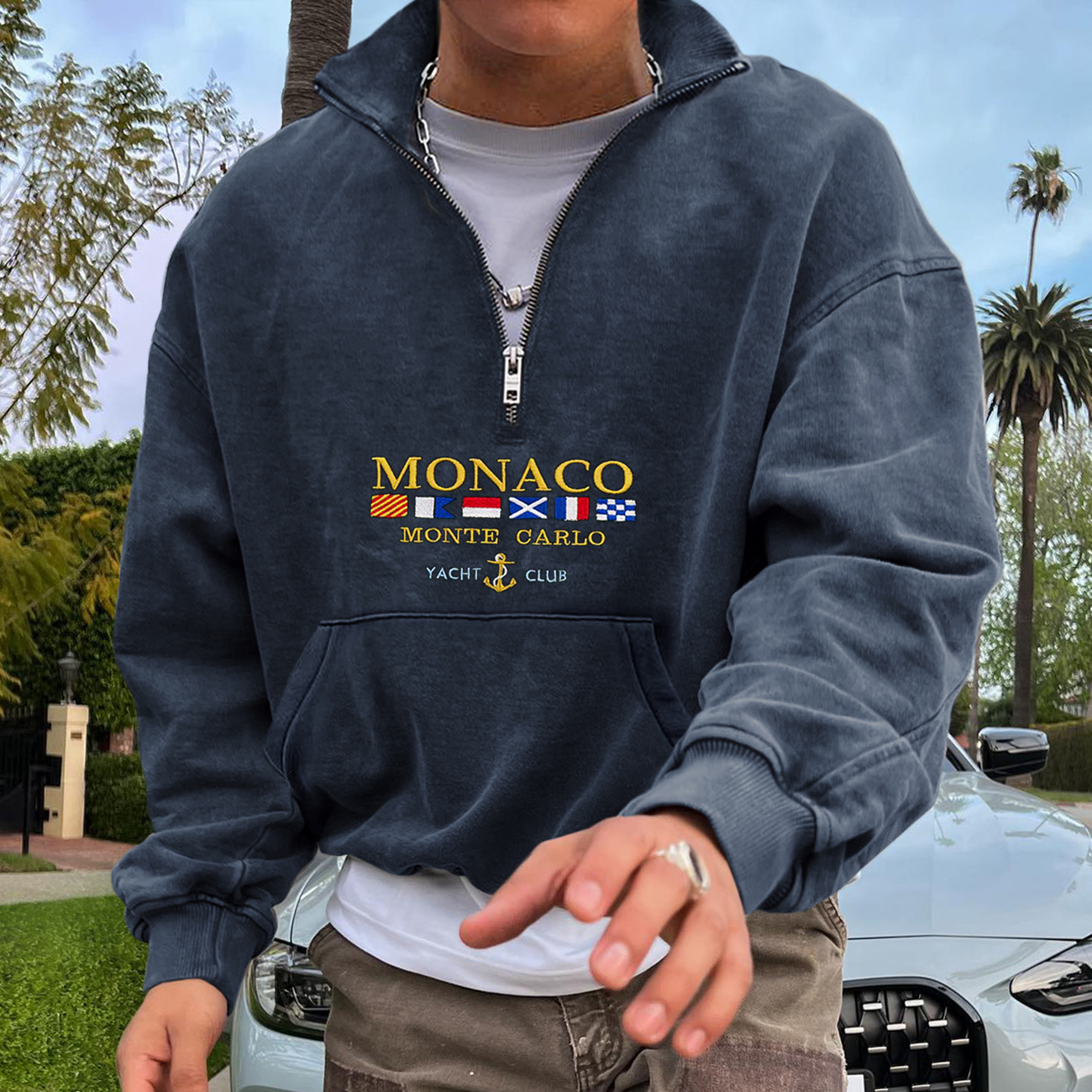 Vintage Unisex Monaco Monte Carlo Yachting Polo Neck Sweatshirt Zipper Half Open Collar Pullover Sweatshirt / [blueesa] /