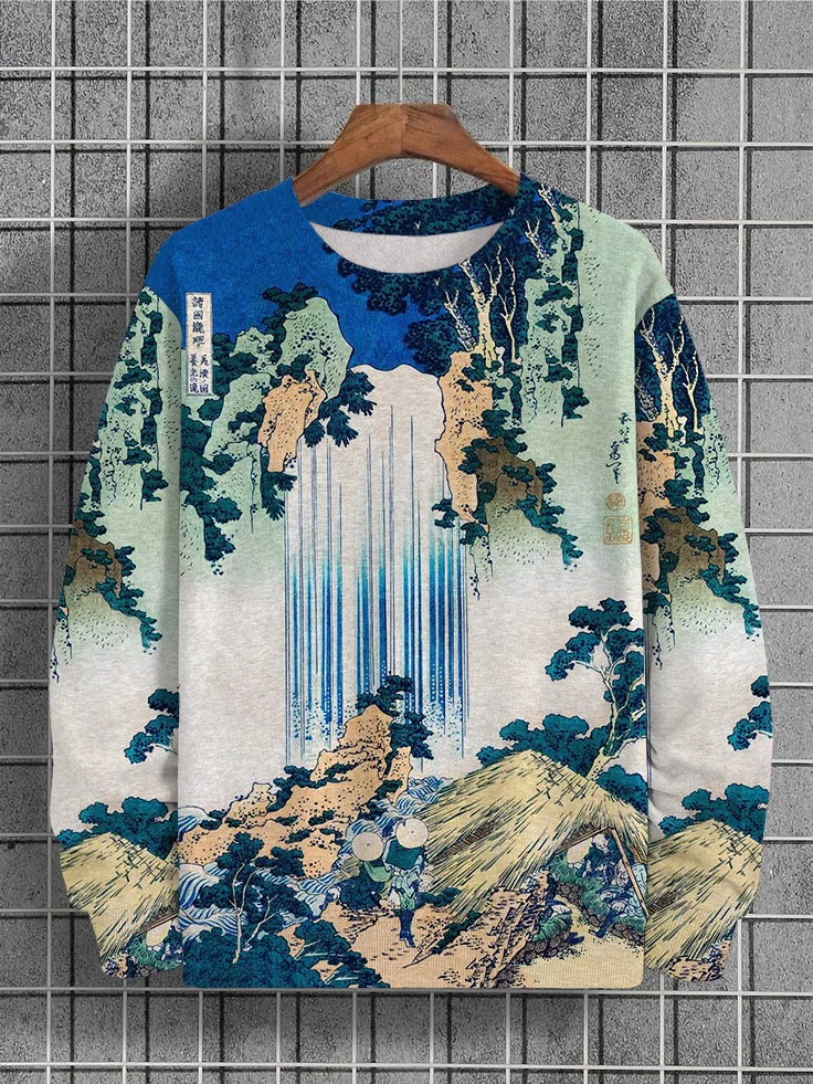 Men's Japanese Style Landscape Waterfall Painting Print Sweatshirt