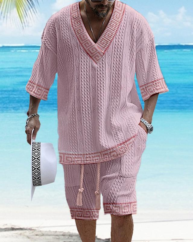 Men's V Neck Luxury Pink Textured Print Shorts Set 166