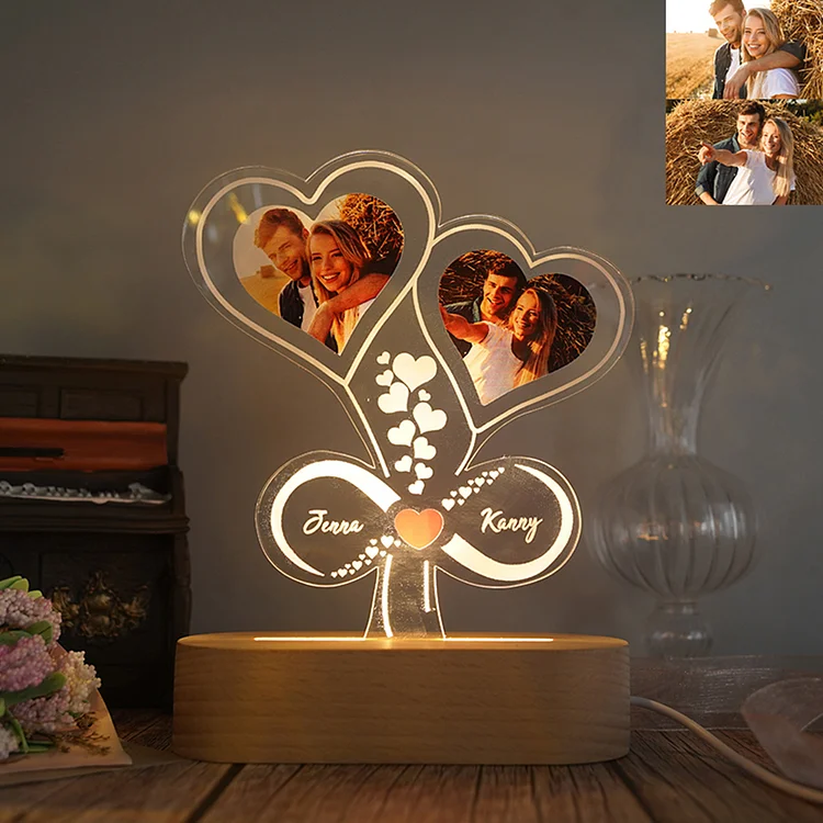 Lámpara para pareja 3D Ilusión Luz de Noche LED de corazón 2 nombres y 2 fotos personalizados