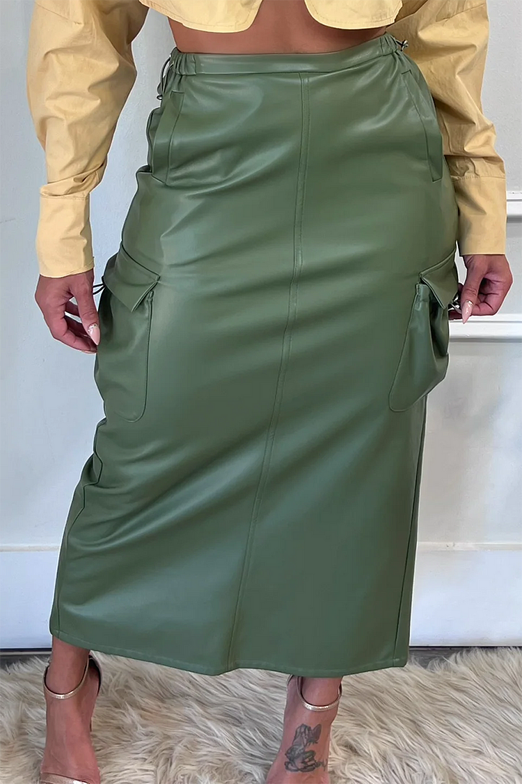 Elastic Waist Pockets PU Leather Midi Skirt-Green