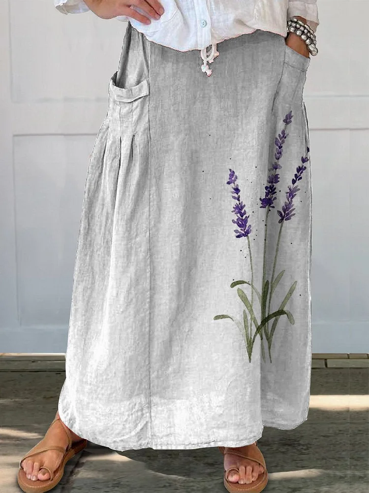 Watercolor Lavender Floral Printed Women's Linen Elastic waistband Pocket Skirt