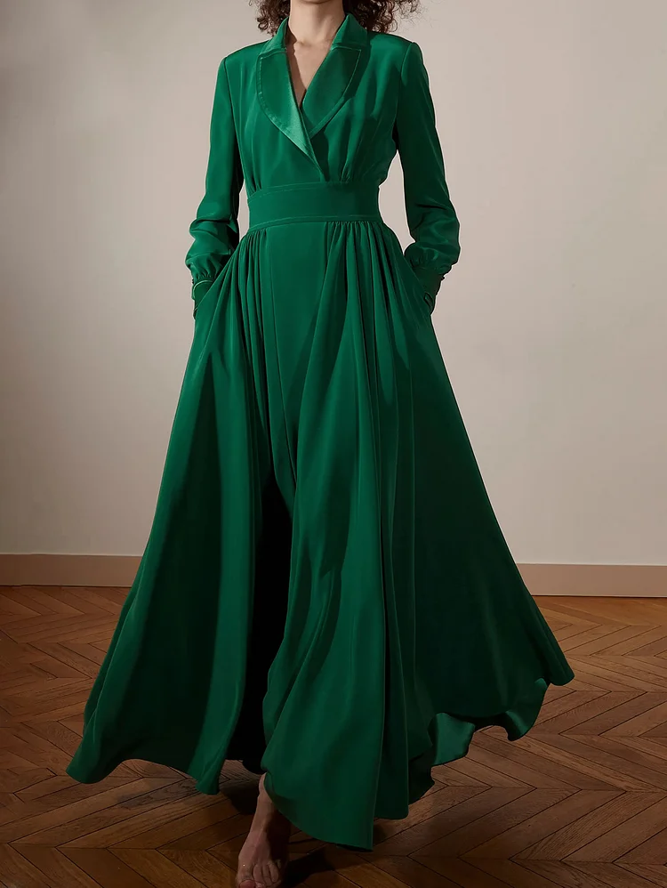 Daily Shawl Collar Long Sleeve Pleated Green Velvet Maxi Dress