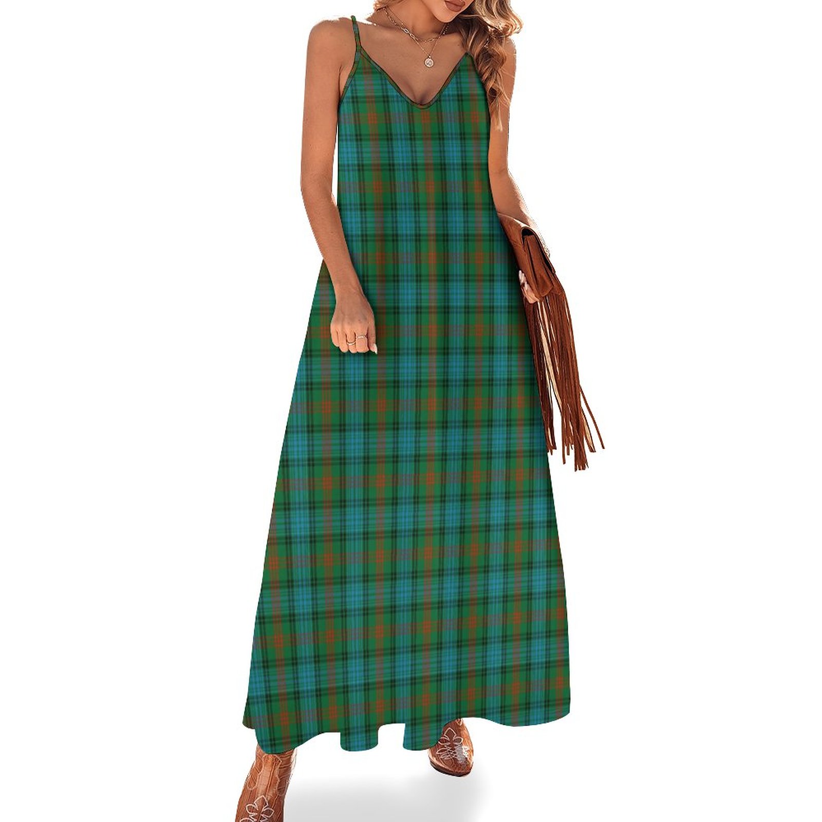 Scottish Clan Ross Hunting Tartan Women's Casual Strappy V Neck Sleeveless Flowy Loose Long Maxi Beach Dress Sundress Tartan Pattern-XL
