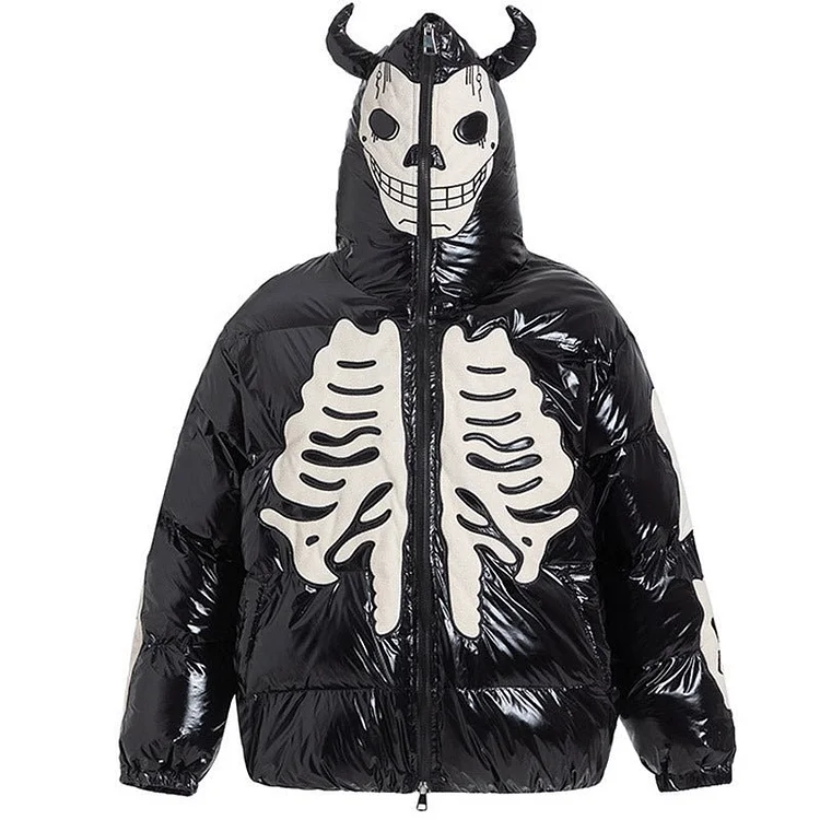 Faux Leather Puffer Jacket Skeleton Devil