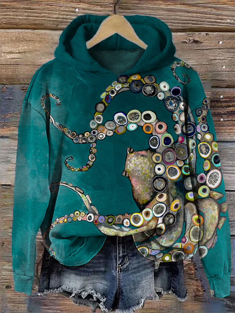 Colorful Octopus Oil Painting Cozy Hoodie