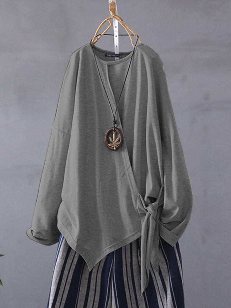 Solid Color O-neck Lace Up Asymmetrical Long Sleeve Shirt socialshop