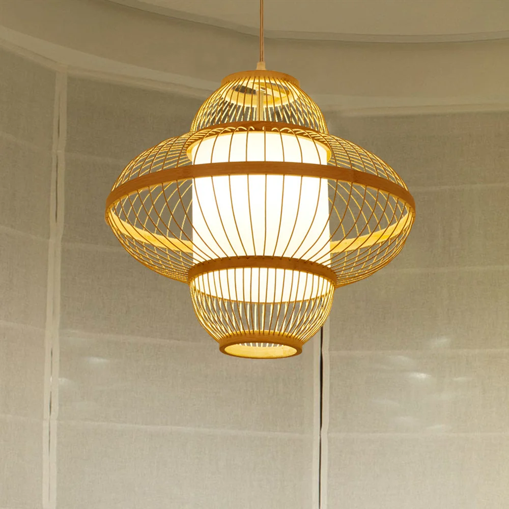 Parchment Inside Wicker Bamboo Pendant Light Lampshade For Bedroom