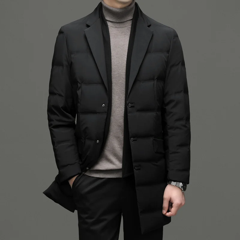 Men's Mid-Length Down Jacket with Detachable Scarf and Thick Insulation