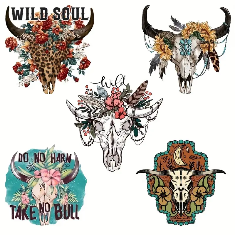 5pcs/set Wild Soul Iron-On Transfer For Clothing DIY Washable T-Shirts Hoodies Thermo Stickers Beautiful Bovine Skull Patches Appliqued-Guru-buzz