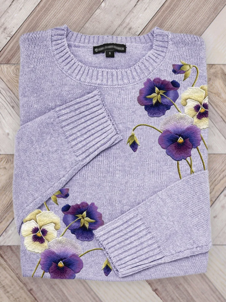 Classy Pansy Flowers Embroidered Cozy Knit Sweater