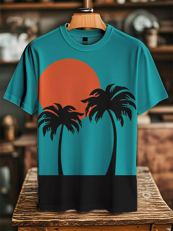 Men's Vacation Coconut Tree Sunset Art Print Casual T-Shirt