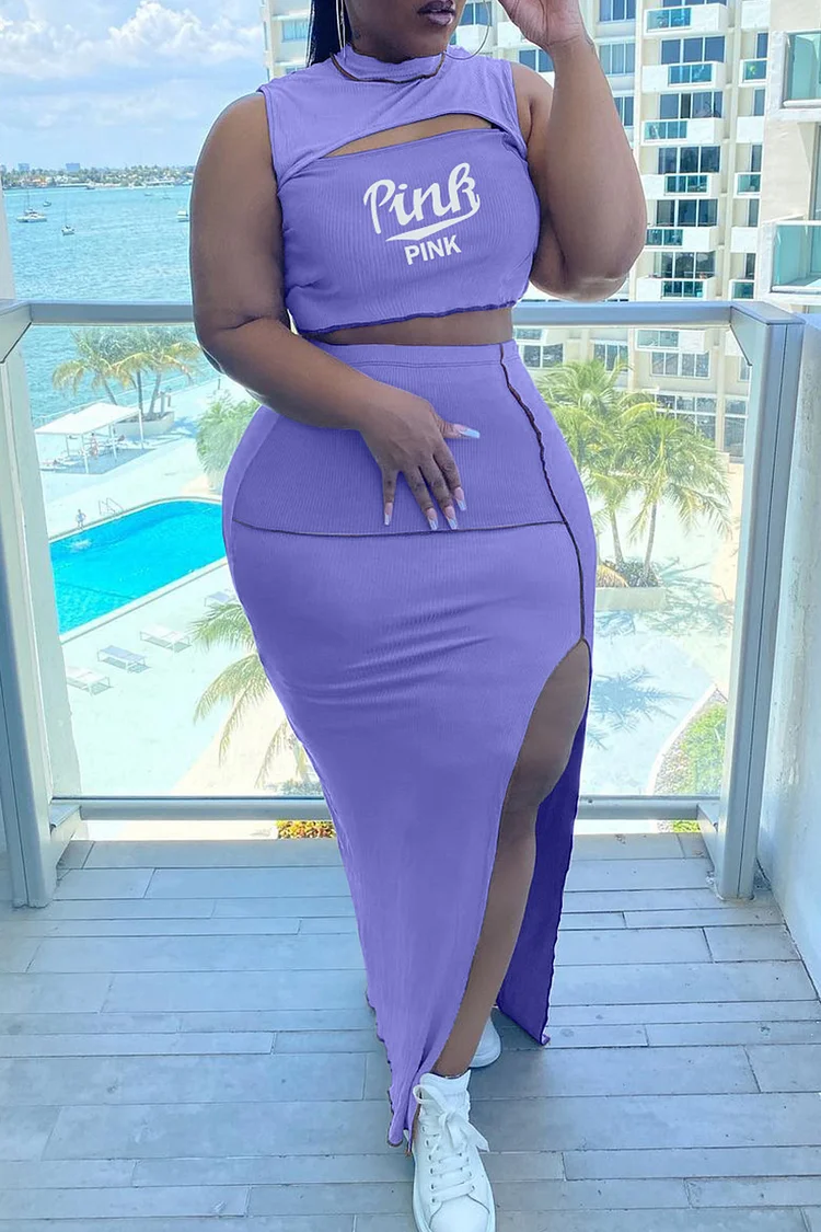 Purple Fashion Sexy Letter Print Hollowed Out Patchwork Slit Half A Turtleneck Plus Size Two Pieces