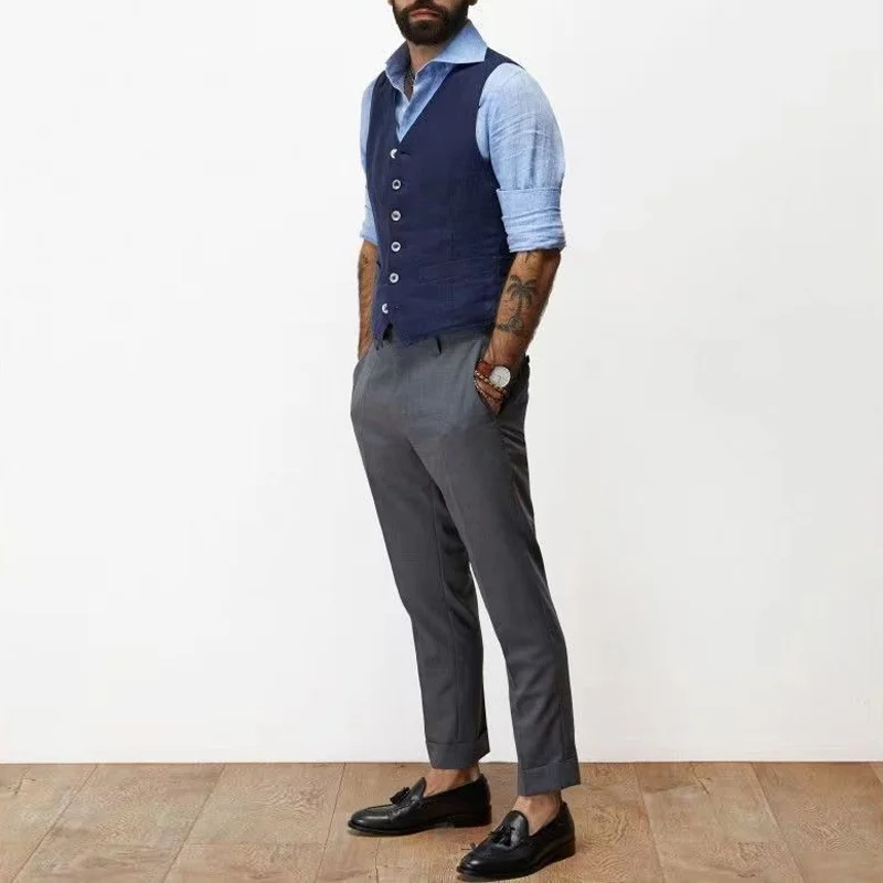 Men'S Casual Single-Breasted Cotton And Linen Slim Vest