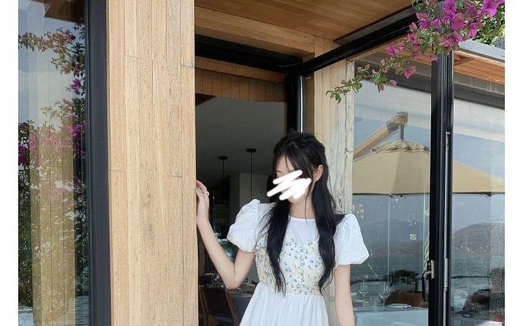 Puff-Sleeve Mock Two-Piece Floral Dress KT114