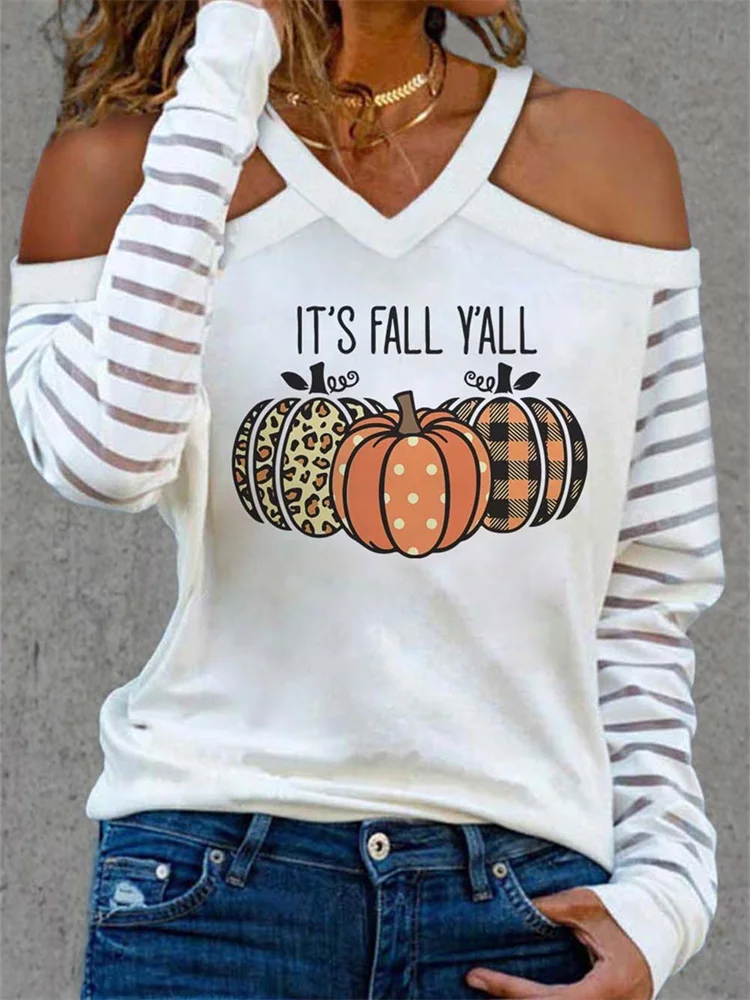 It's Fall Y'all Pumpkins Hollow Shoulder T Shirt