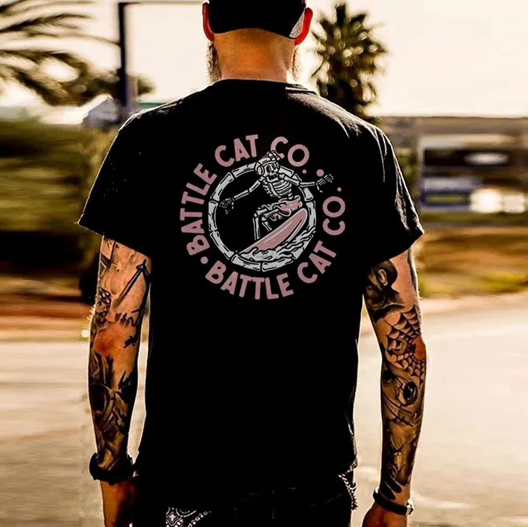 BATTLE CAT CO. Surfing Skeleton Black Print T-Shirt