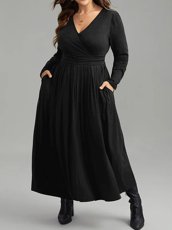 Asymmetric Pleated Solid Color Long Sleeves Loose Deep V-Neck Maxi Dresses