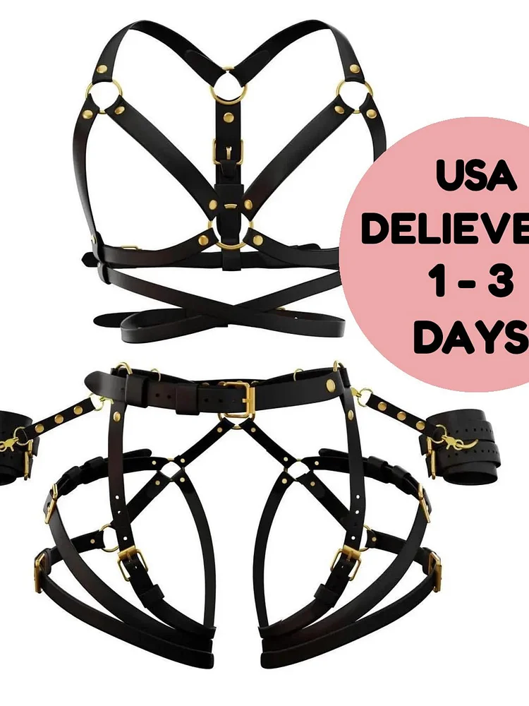 pornhint Pornhint BDSM Kit, Black Leather Harness Set, Bondage Harness, Golden Hardware Harness, BDSM-Gear for Women, Leather Harnesses, Harness Plus Size lego butt plug