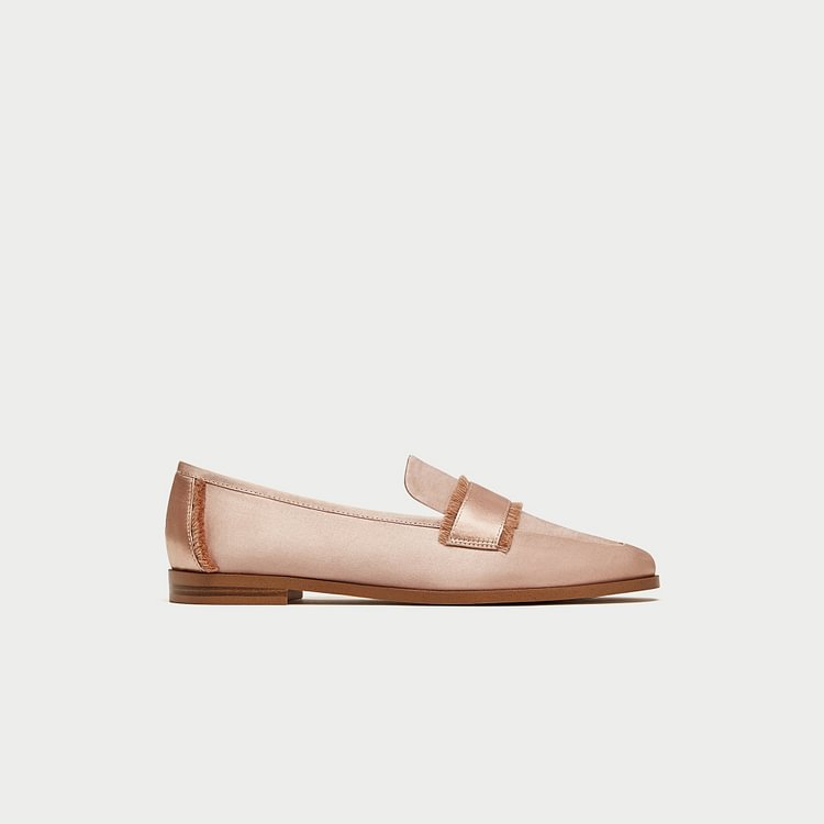Blush Satin Loafers for Women Cute Round Toe Flats with Fringe |FSJ Shoes