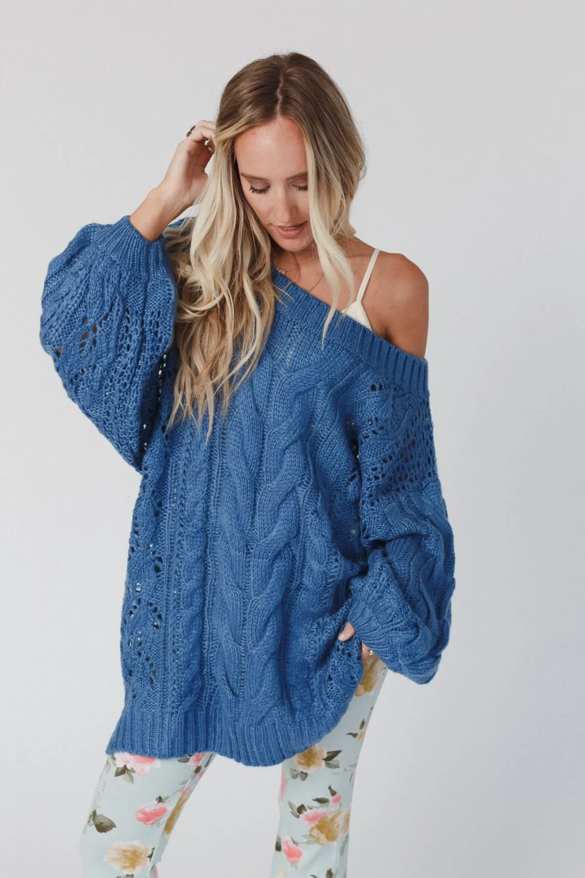 Golden Hour Bubble Sleeve Sweater Dress - Blue