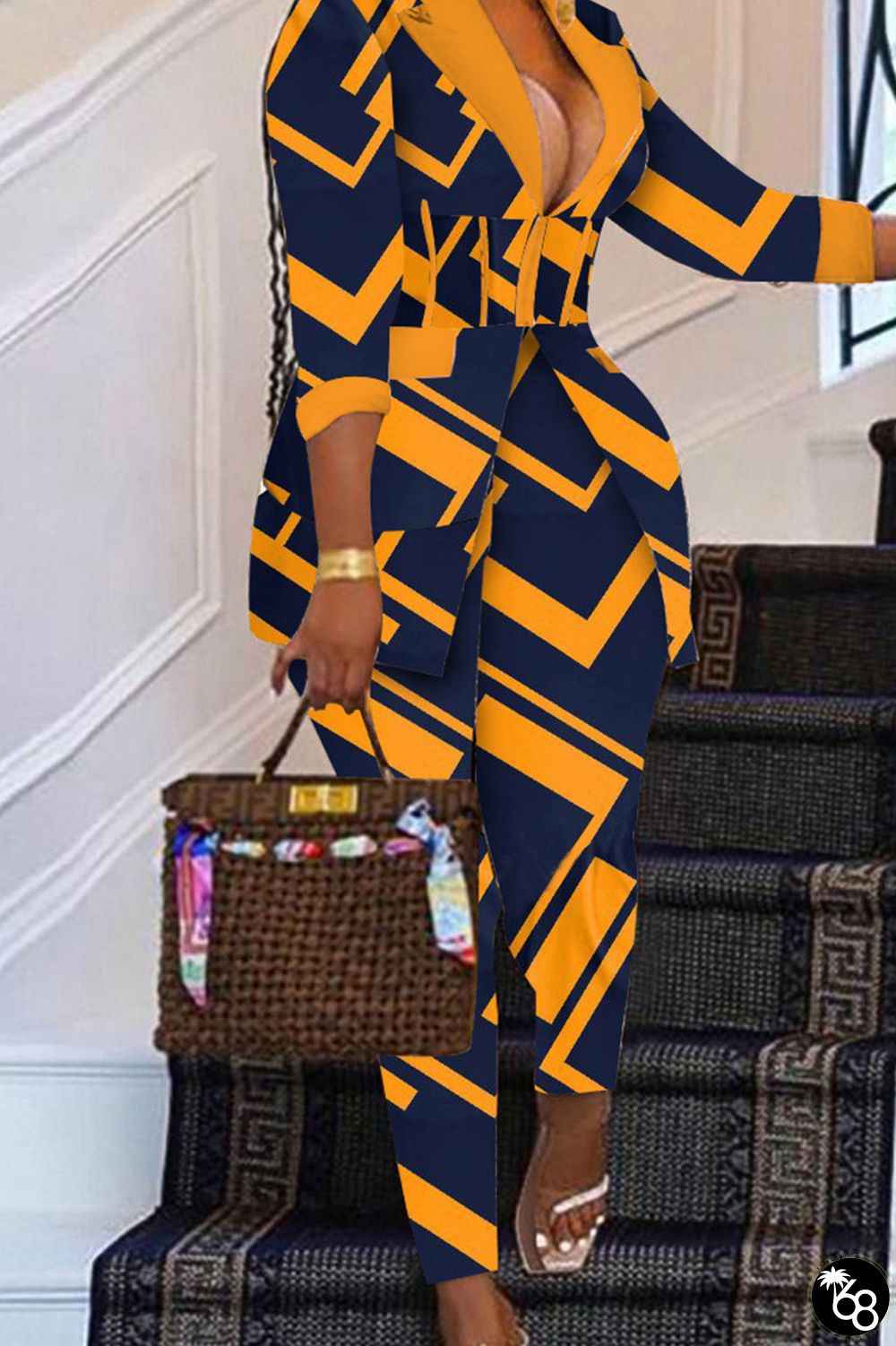 Casual Print Patchwork Turndown Collar Long Sleeve Two Pieces | 168DEAL