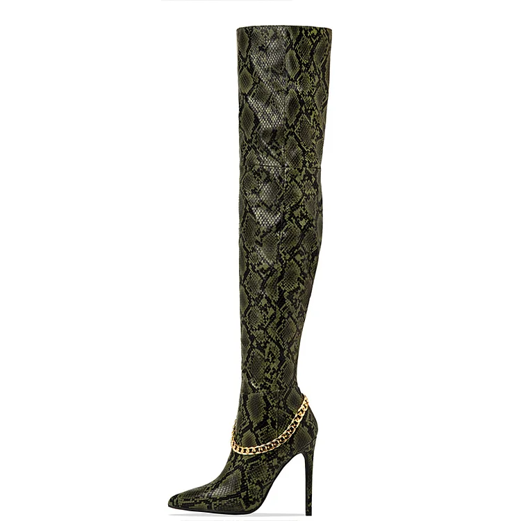 Women'S Pointed Metal Chain Boots Elegant Stiletto Heel Snakeskin Shoes Thigh Boot |FSJ Shoes