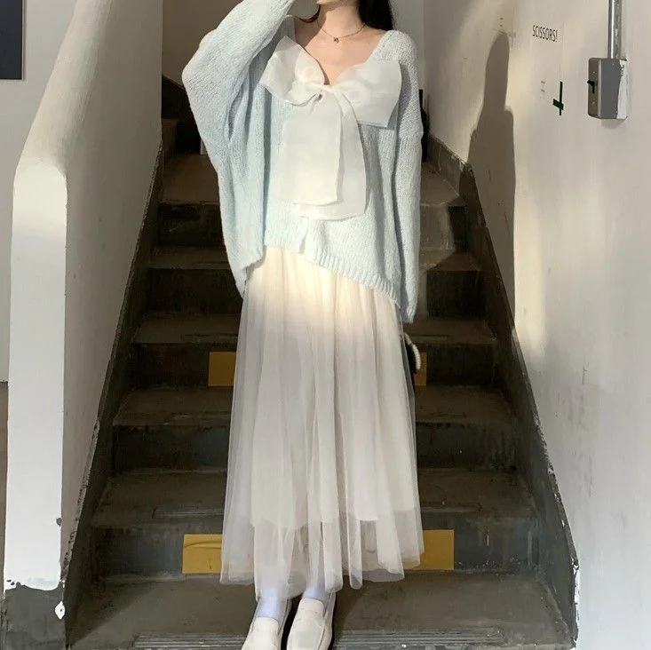 Bow Sweater / Spaghetti Strap A-Line Mesh Dress YP1929