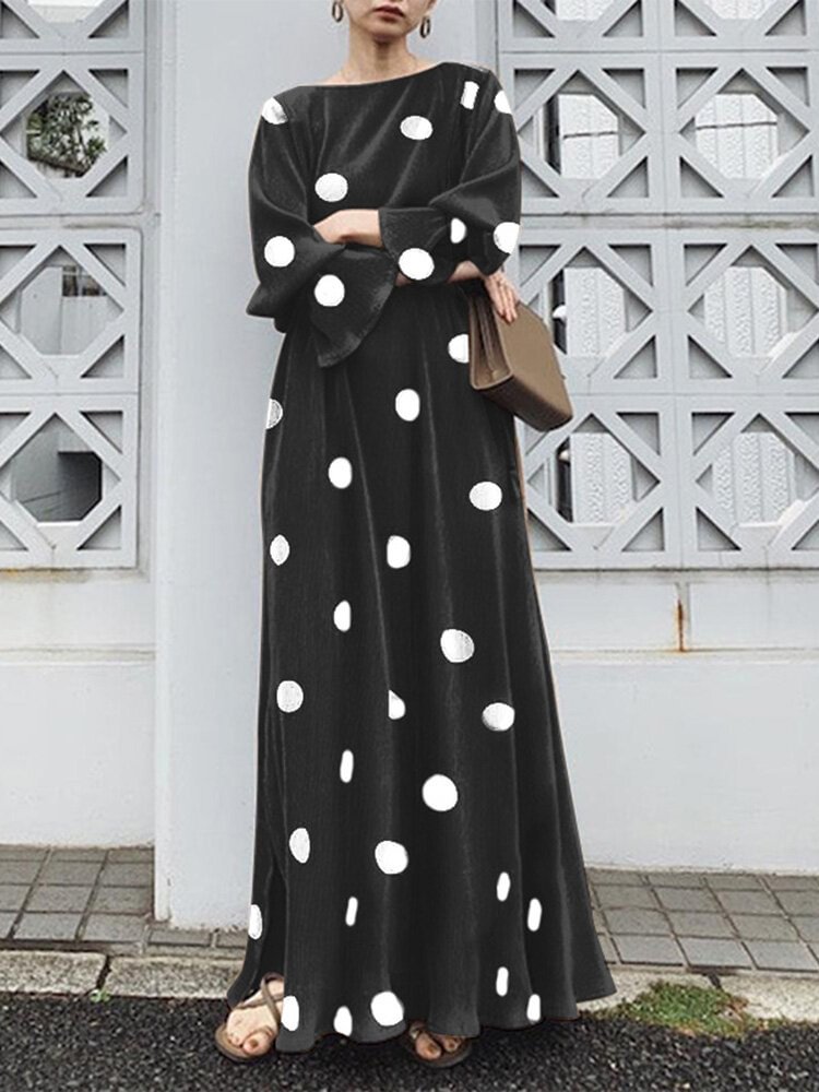 Dot Print Slit Hem Long Bell Sleeve Maxi Dress - Shop Trendy Women's Clothing | LoverChic
