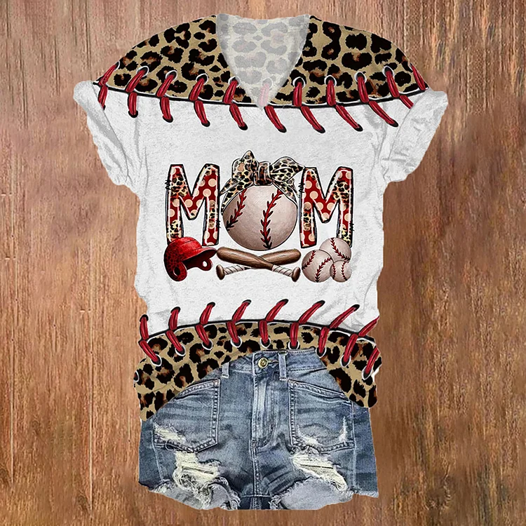 Comstylish Women's Mother's Day Mom Baseball Leopard Print V-Neck T-Shirt