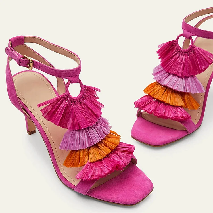 Hot Pink Vegan Suede Ankle Strap Heels Square Toe Fringe Sandals |FSJ Shoes