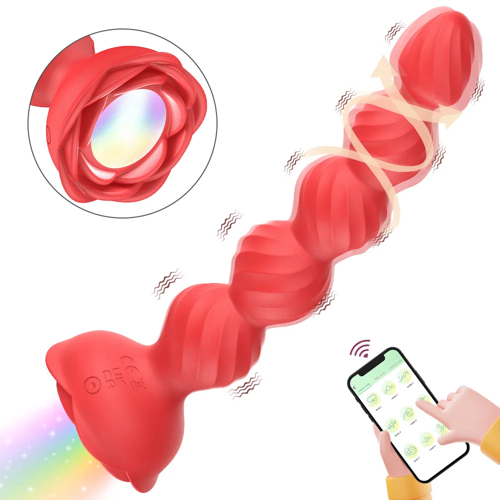 App Remote Control Rose Vibrating Anal Beads with Light base