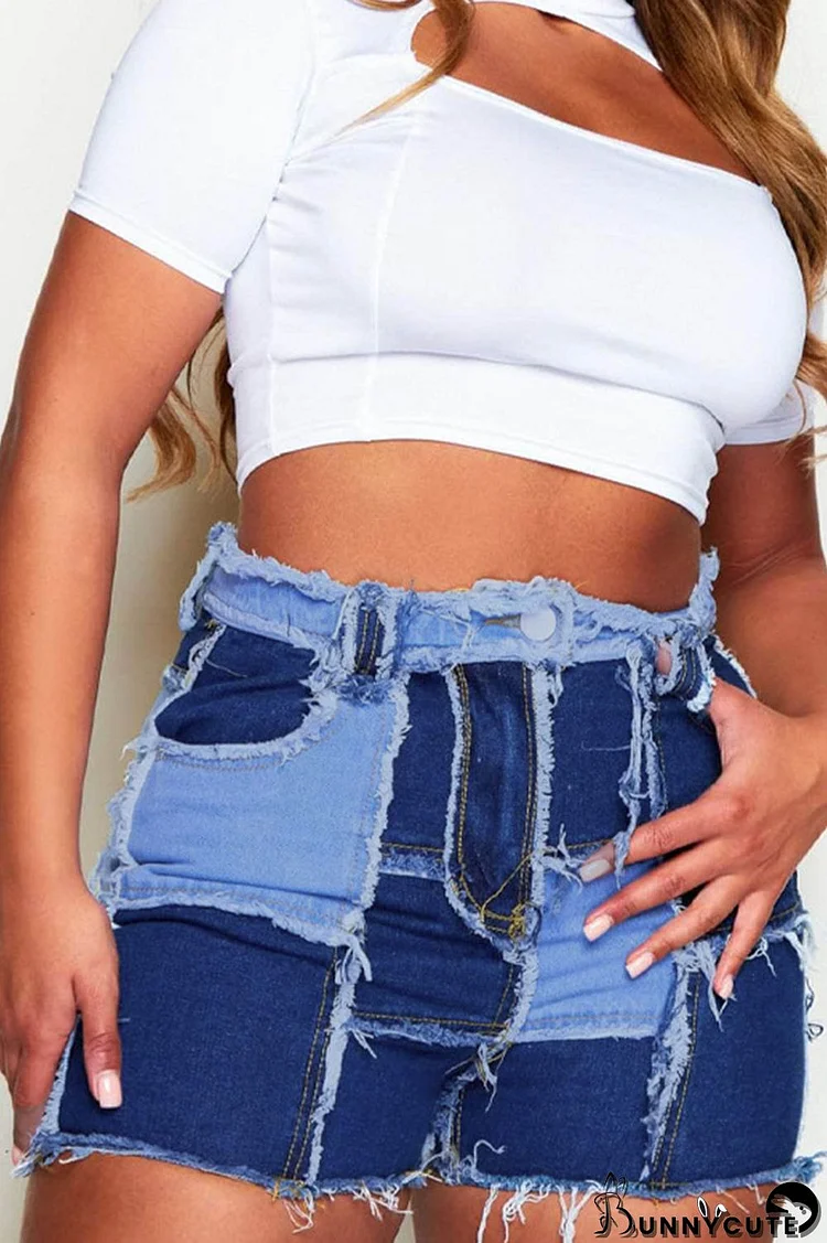 Blue Casual Street Solid Make Old Patchwork High Waist Denim Shorts
