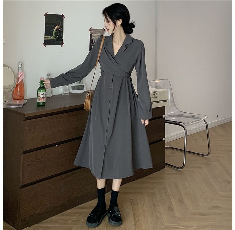 Long-Sleeve Plain Wrap Midi Shirt Dress BC312